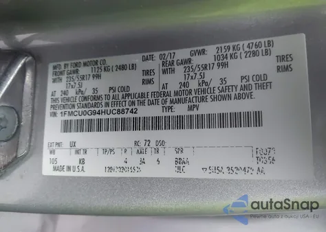 2017 Ford Escape Se из США, поврежденный, VIN 1FMCU0G94HUC88742